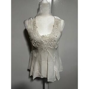 Vintage Sheer Ivory Lace Embellished V Neck Sleeveless Peplum‎ Top size Medium